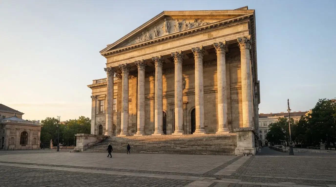 Kőoszlopos, kormányzati jellegű épület homlokzata Budapesten kora reggel, előtte átsétáló emberek, felirat és címer nélkül.