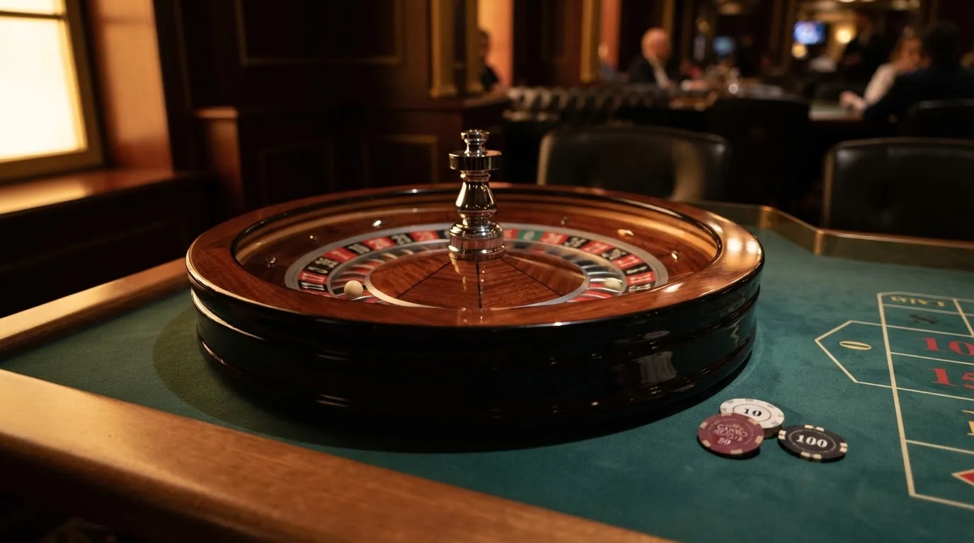 Rulettkerék és zsetonok zöld posztón, meleg esti fényben — blackjack játék magyarországon