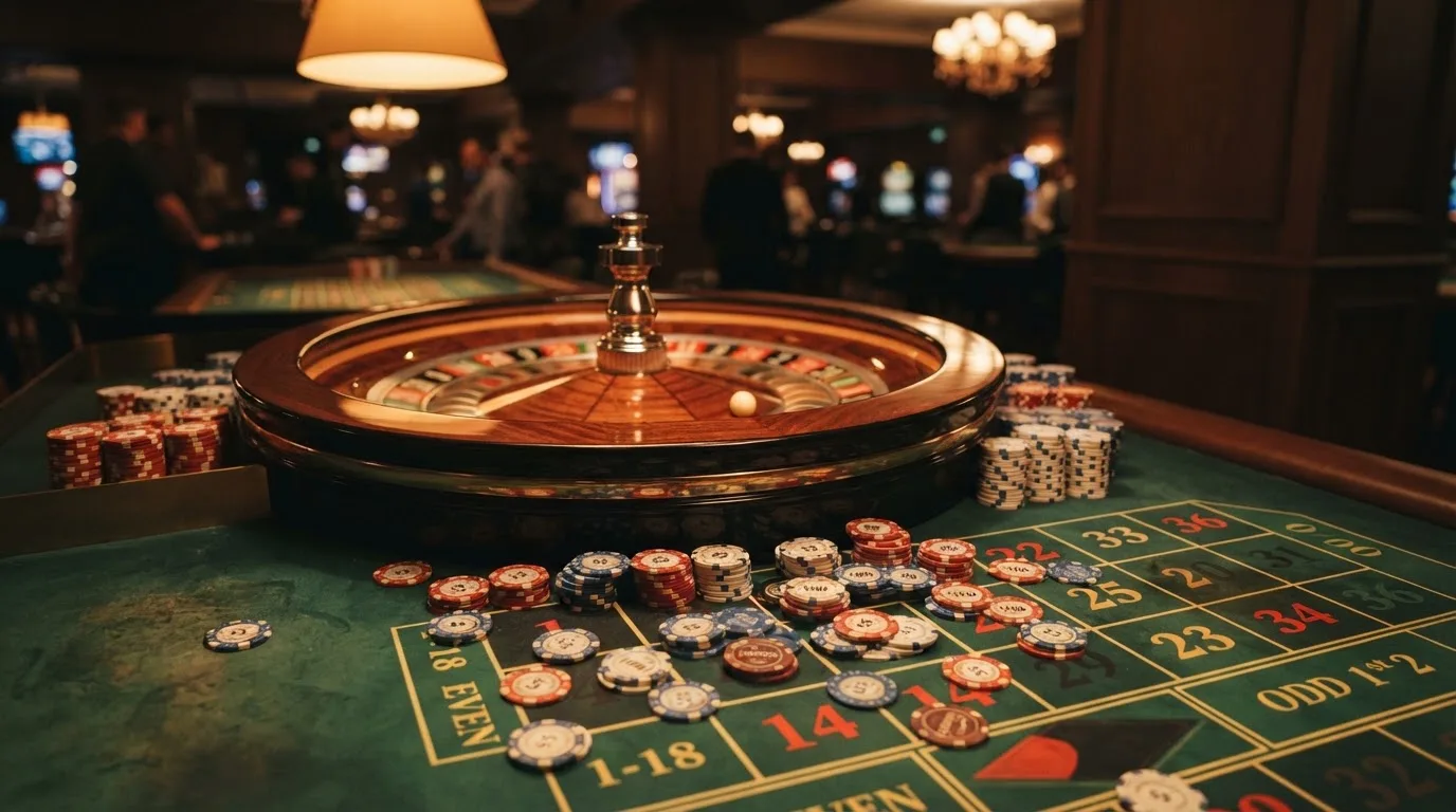 Rulettkerék és zsetonok zöld posztón, meleg esti fényben — blackjack szabályok magyaroknak