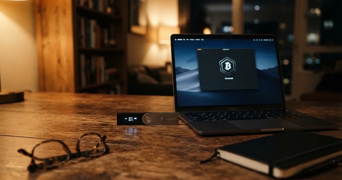Hardveres tárca és laptop egy íróasztalon, tompa fényben — ethereum kaszinók magyarországon