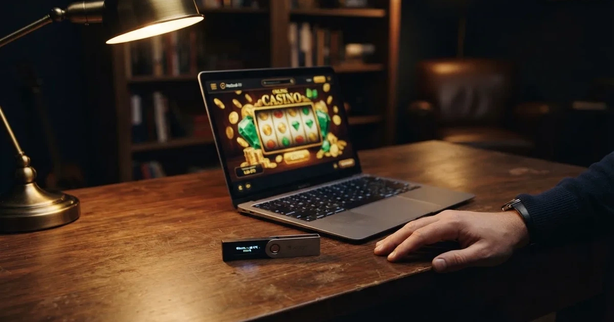 Hardveres tárca és laptop egy íróasztalon, tompa fényben — litecoin kaszinók magyarországon