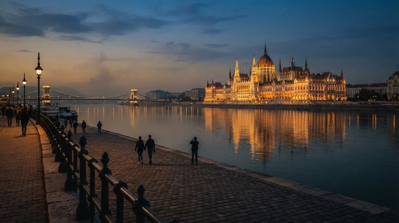 Budapesti belváros esti látképe a Duna-parttal és a Parlament sziluettjével, járókelők a rakparton, megvilágított hivatali épületek.